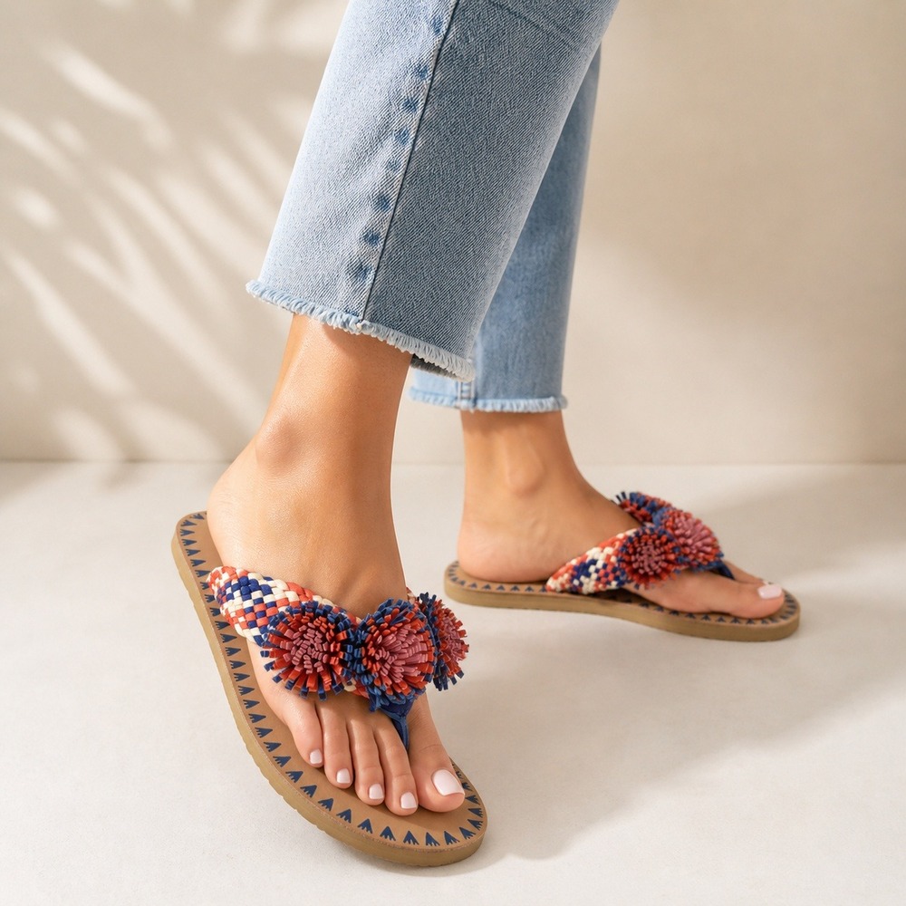 Kate Spade New York Woven Pom Pom Thong Sandals Blue Red White Floral Size 8.5